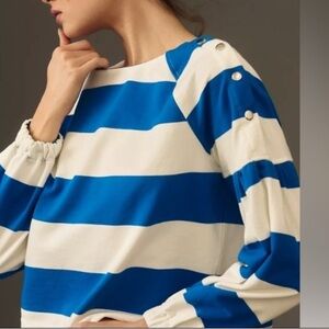 Maeve by Anthro French Terry Sweatshirt Blue White Stripes Silver Snaps - Small